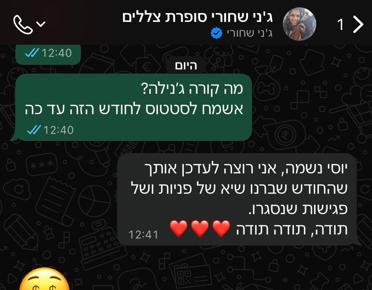צילום מסך של הודעת וואטסאפ מלקוחה. היא מעדכנת שהחודש נשבר שיא של פניות ושל פגישות שנסגרו.