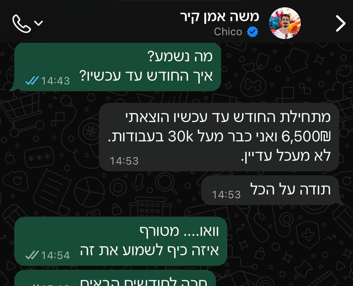 צילום מסך של שיחת וואטסאפ עם לקוח. הלקוח מדווח שמתחילת החודש הוציא 6,500 שקל על פרסום, וכבר עבר 30 אלף שקל בעבודות.